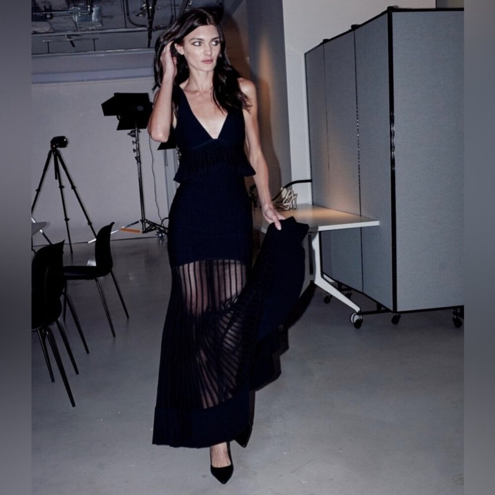 Hervé Léger Sheer Fluted Black Striped Stretch Knit Gown